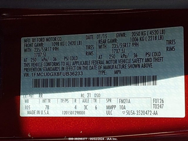 Ford ESCAPE SE 2015 1FMCU0GX8FUB36233 Image 9