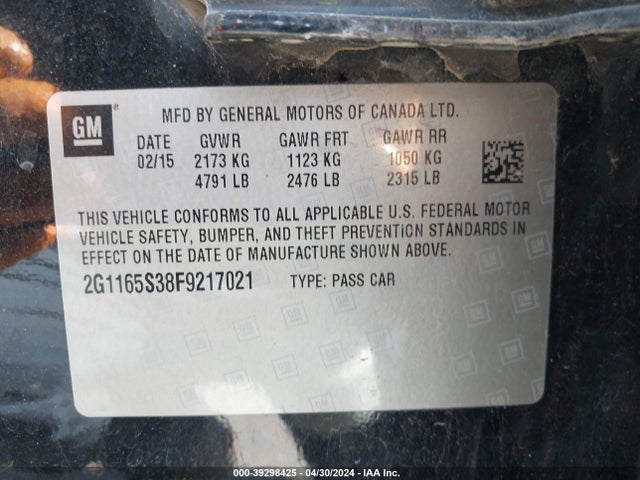 Chevrolet IMPALA 2LZ 2015 2G1165S38F9217021 Image 9
