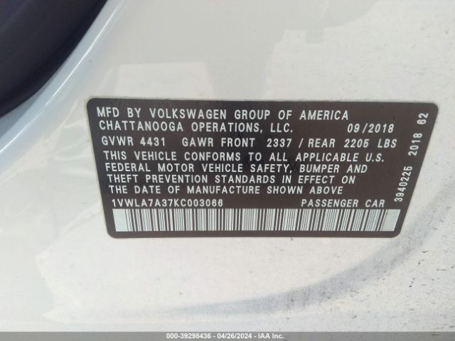 1VWLA7A37KC003066 Volkswagen Passat 2.0t Wolfsburg Edition
