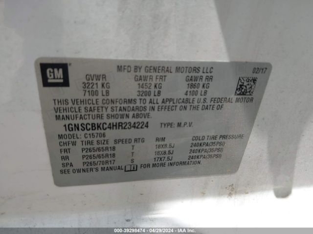 1GNSCBKC4HR234224 Chevrolet Tahoe Lt