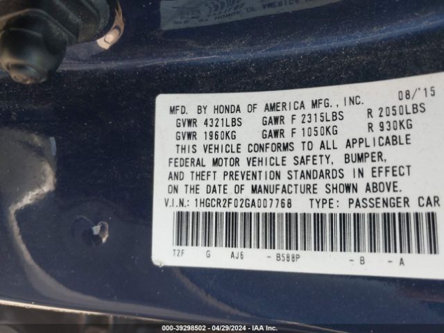 1HGCR2F02GA007768 Honda ACCORD EX