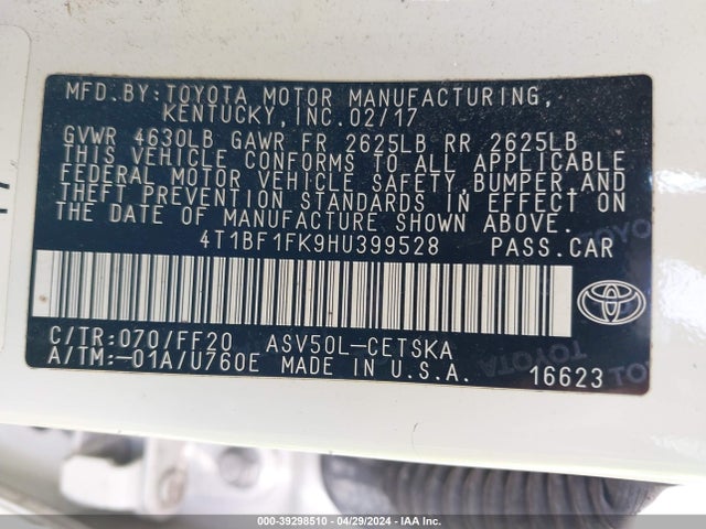 Toyota CAMRY SE 2017 4T1BF1FK9HU399528 Image 9
