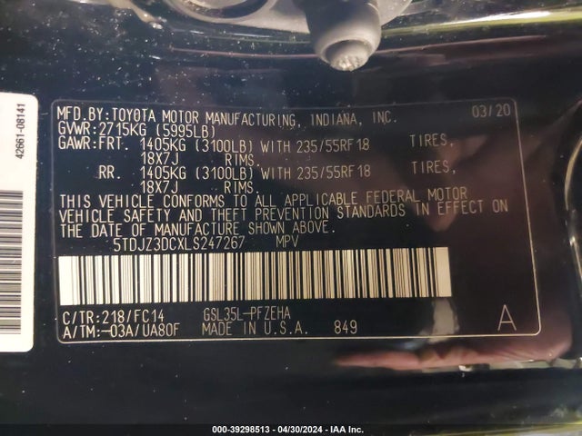 Toyota SIENNA LE 2020 5TDJZ3DCXLS247267 Image 9