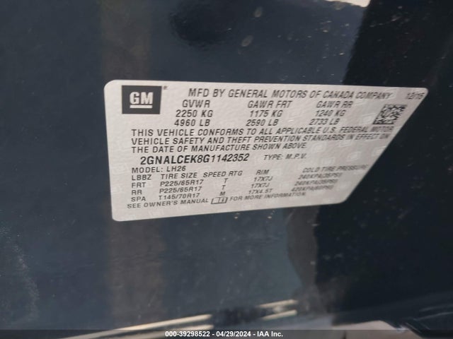 Chevrolet EQUINOX LT 2016 2GNALCEK8G1142352 Image 9