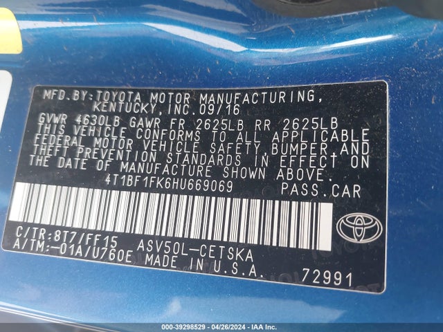 Toyota CAMRY SE 2017 4T1BF1FK6HU669069 Image 9