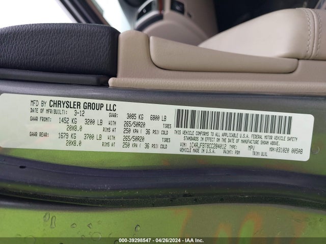 39298547 :رقم المزاد ، 1C4RJFBT8CC284012 vin ، 2012 Jeep Grand Cherokee Limited مزاد بيع