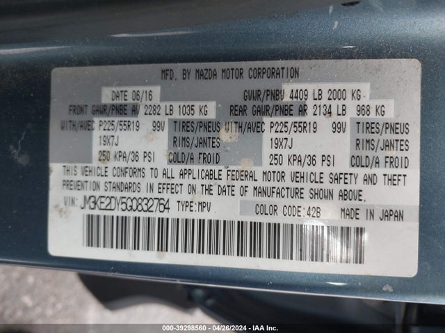 39298560 :رقم المزاد ، JM3KE2DY5G0832764 vin ، 2016 Mazda Cx-5 Grand Touring مزاد بيع