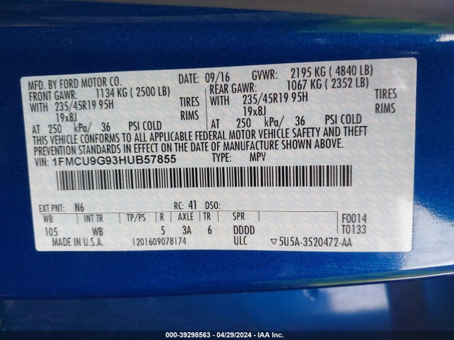 Ford ESCAPE SE 2017 1FMCU9G93HUB57855 Image 9