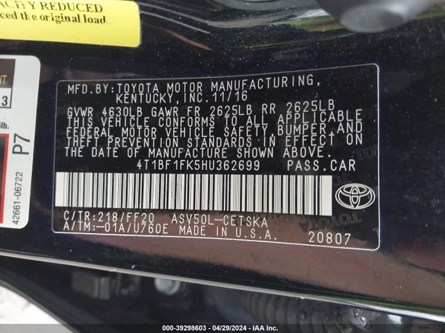 Toyota CAMRY SE 2017 4T1BF1FK5HU362699 Image 9