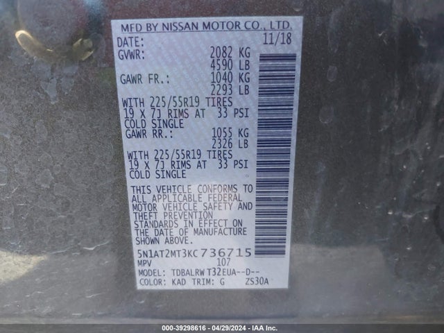 Nissan Rogue Sl 2019 5N1AT2MT3KC736715 Image 9