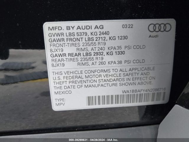 WA1BBAFY4N2086716 Audi Q5 Premium Plus 40 Tfsi Quattro S Tronic