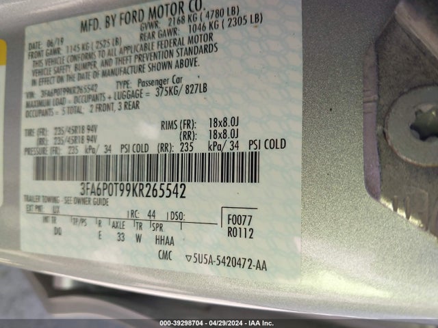 Ford FUSION SE 2019 3FA6P0T99KR265542 Image 9