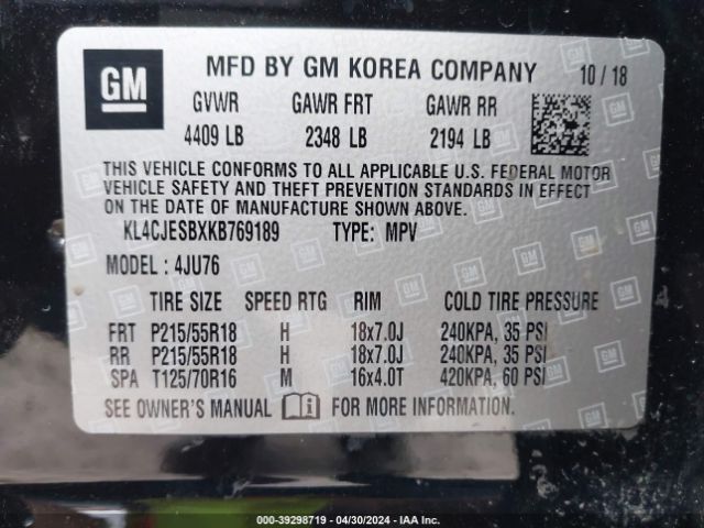 KL4CJESBXKB769189 Buick Encore Awd Preferred