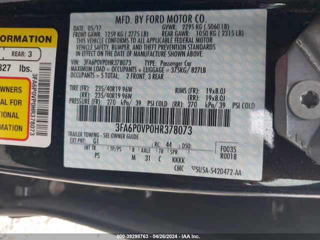 3FA6P0VP0HR378073 Ford Fusion Sport