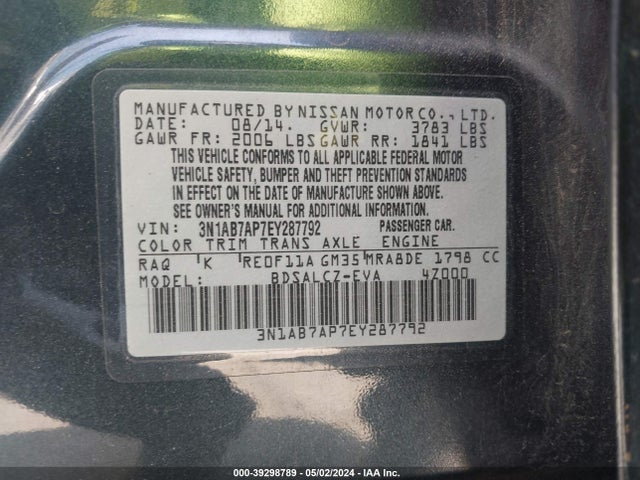Nissan SENTRA S 2014 3N1AB7AP7EY287792 Image 9