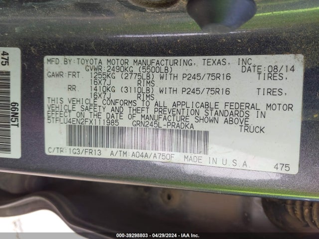Toyota Tacoma Base V6 2015 5TFLU4EN2FX111985 Image 9
