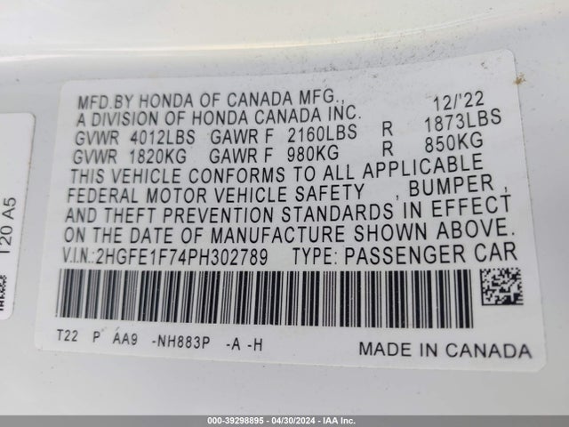 Honda Civic Ex /ex W/o Bsi 2023 2HGFE1F74PH302789 Image 9