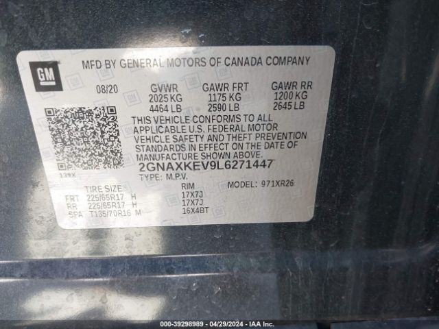 2GNAXKEV9L6271447 Chevrolet Equinox Fwd Lt 1.5l Turbo