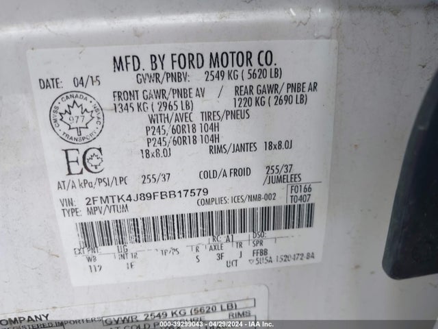 Ford EDGE SEL 2015 2FMTK4J89FBB17579 Image 9