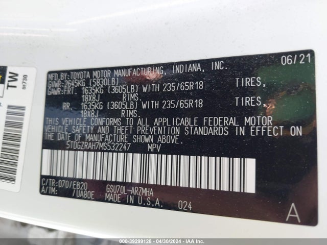 Toyota Highlander Xle 2021 5TDGZRAH7MS532247 Image 9