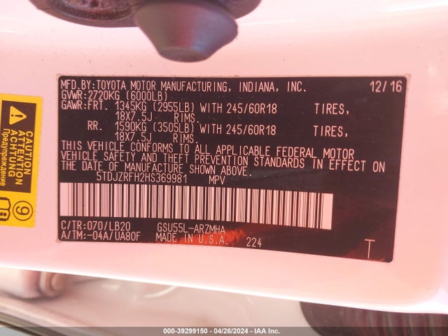 Toyota Highlander Xle 2017 5TDJZRFH2HS369981 Image 9