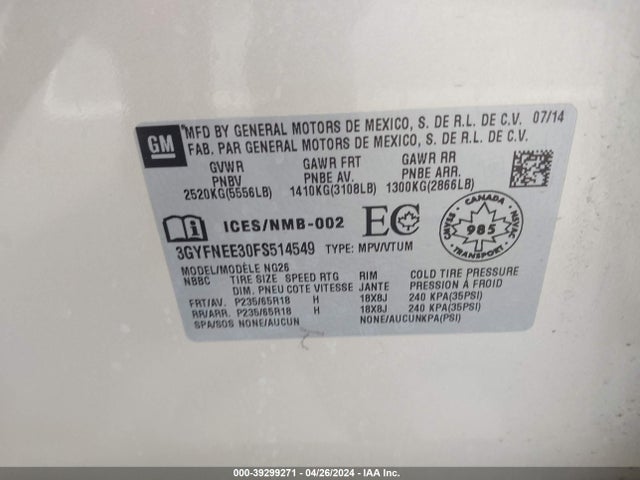 3GYFNEE30FS514549 Cadillac Srx Luxury Collection