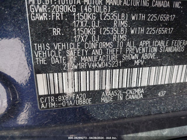Toyota Rav4 Xle 2019 2T3W1RFV4KW045231 Image 9