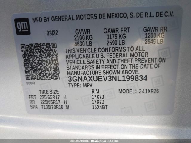 3GNAXUEV3NL199834 Chevrolet Equinox Awd Lt