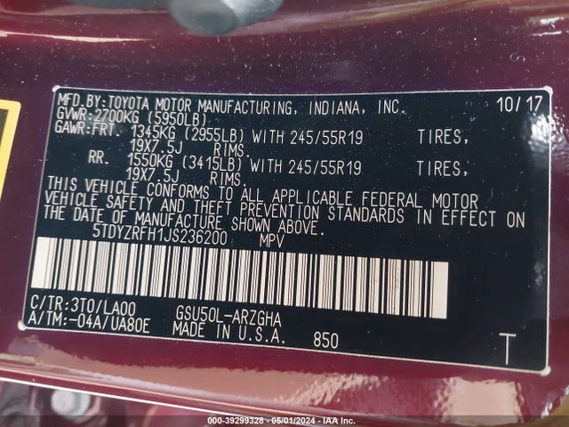 Toyota Highlander Limited 2018 5TDYZRFH1JS236200 Image 9