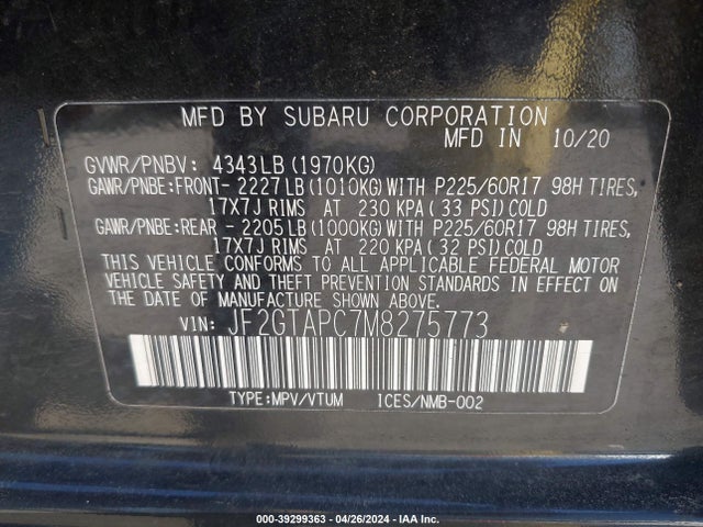 Subaru Crosstrek Premium 2021 JF2GTAPC7M8275773 Image 9