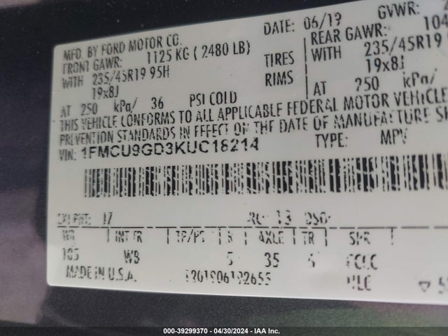 Ford ESCAPE SE 2019 1FMCU9GD3KUC18214 Image 9