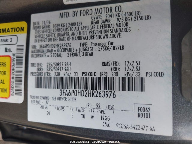 Ford FUSION SE 2017 3FA6P0HD2HR263976 Image 9