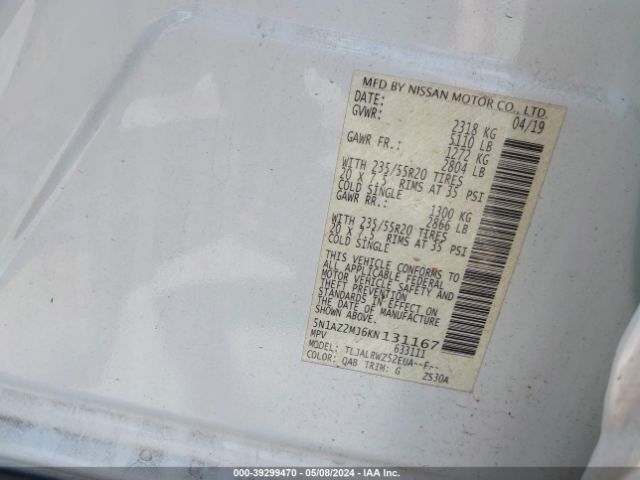 5N1AZ2MJ6KN131167 Nissan MURANO SL