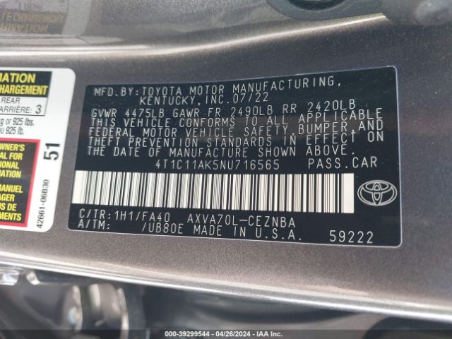 4T1C11AK5NU716565 Toyota CAMRY LE