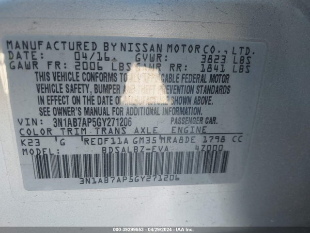 Nissan SENTRA S 2016 3N1AB7AP5GY271206 Image 9
