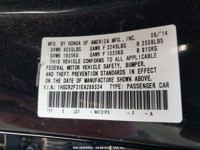 Honda ACCORD LX 2014 1HGCR2F31EA266534 Image 9