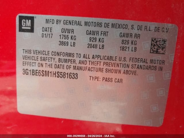 3G1BE6SM1HS581633 Chevrolet Cruze Lt Auto