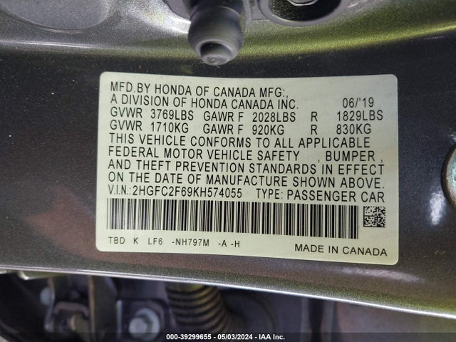 Honda Civic Lx 2019 2HGFC2F69KH574055 Image 9