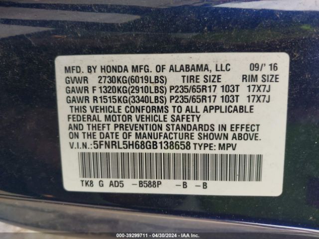 5FNRL5H68GB138658 Honda Odyssey Ex-l