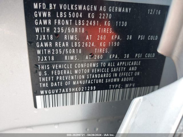 WVGUV7AX9HK021299 Volkswagen Tiguan 2.0t Sport