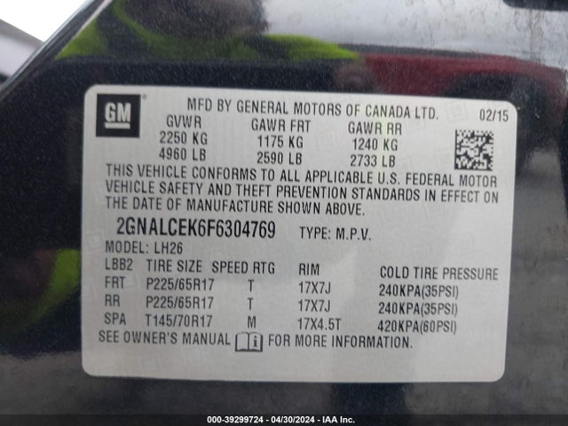 Chevrolet Equinox 2lt 2015 2GNALCEK6F6304769 Image 9