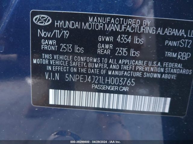 5NPEJ4J21LH003765 Hyundai Sonata Sel Plus