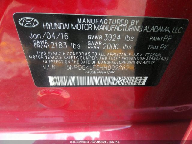 5NPD84LF5HH002262 Hyundai ELANTRA SE