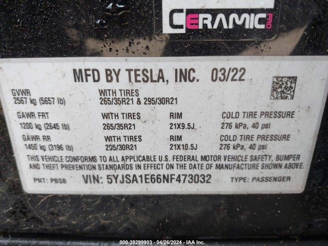 Tesla Model S Plaid Tri Motor All-wheel Drive 2022 5YJSA1E66NF473032 Image 9