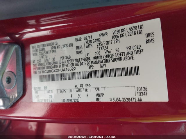 Ford ESCAPE SE 2015 1FMCU0GXXFUA16322 Image 9
