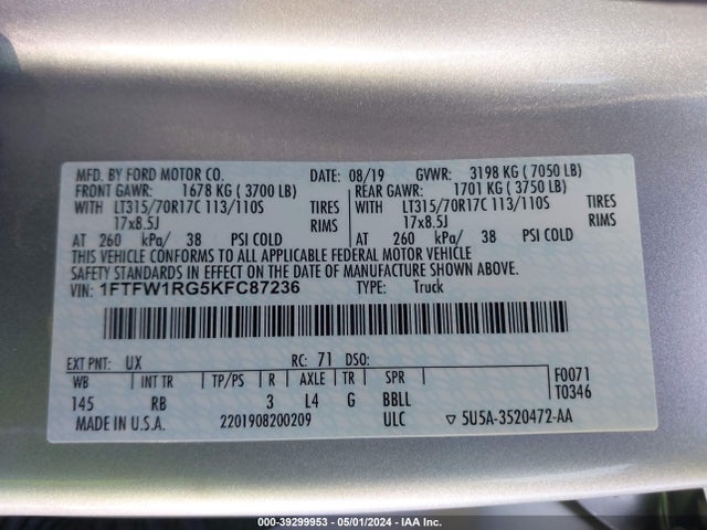 Ford F-150 Raptor 2019 1FTFW1RG5KFC87236 Image 9