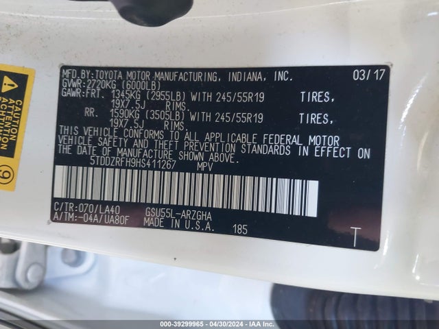 Toyota Highlander Limited 2017 5TDDZRFH9HS411267 Image 9