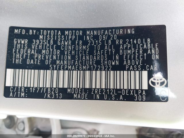 Toyota COROLLA LE 2021 5YFEPMAE6MP172922 Image 9