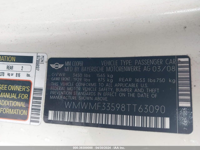2008 MINI COOPER WMWMF33598TT63090 Photo 8