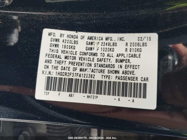 Honda ACCORD LX 2015 1HGCR2F37FA120382 Image 9